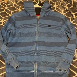 DC Blue Zip Up Sweater with Striped Pattern and Ribbed Cuffs